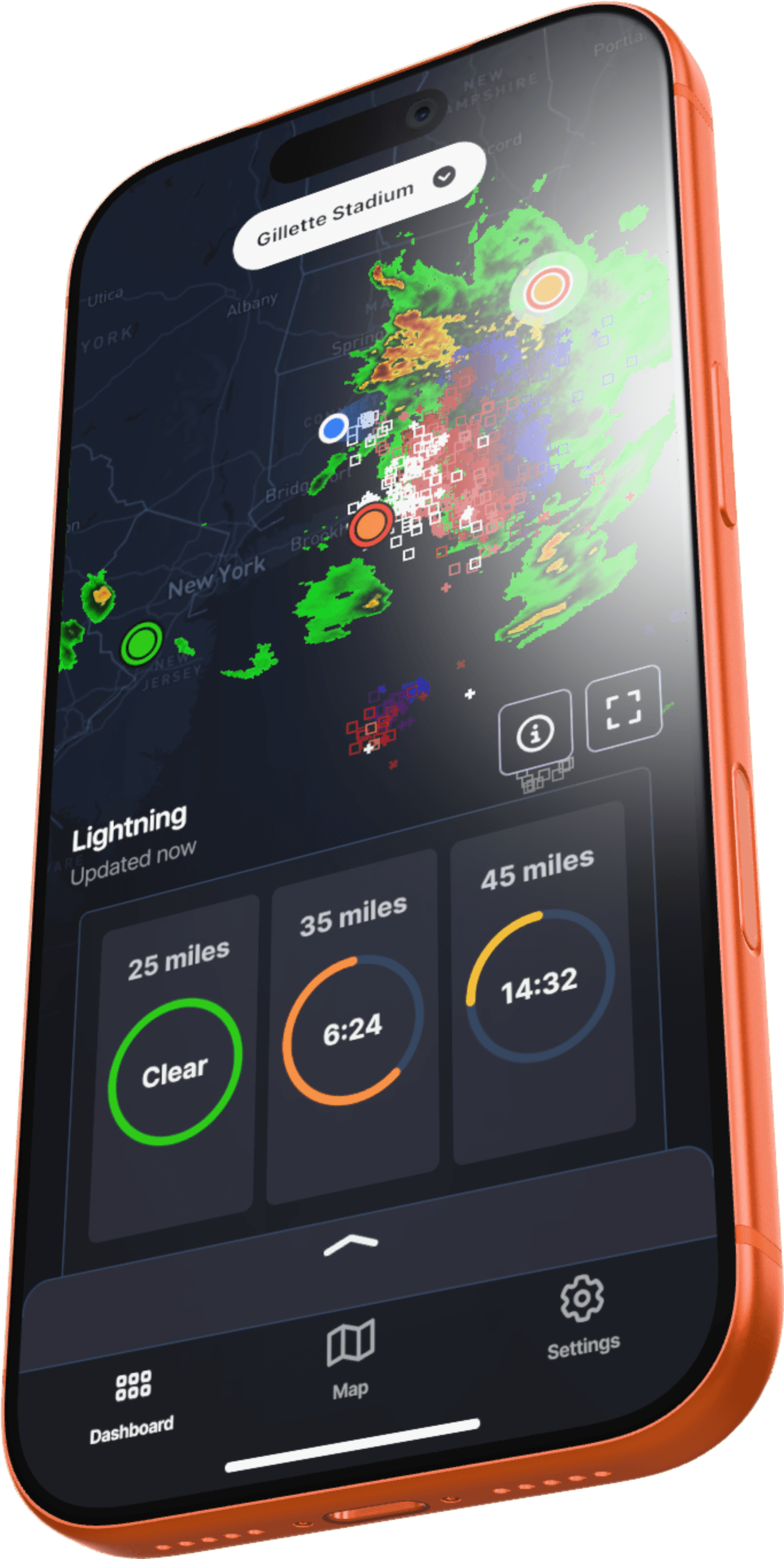 Weather Hub mobile app showing map and Lightning widget