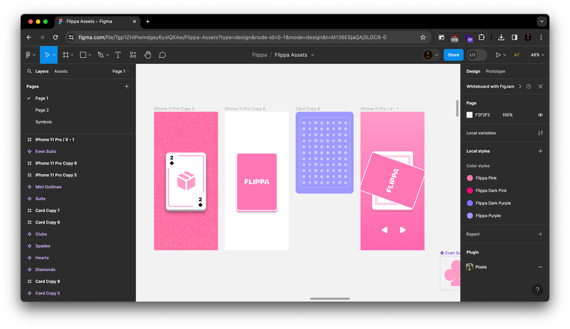 Some early card designs in a busy Figma document