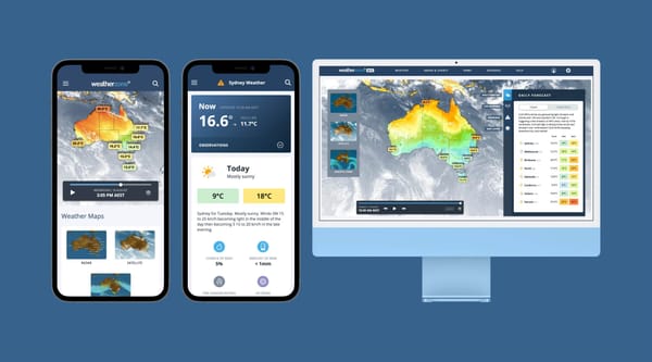 Weatherzone 6 running on iPhone and web, with the homepage map and a local weather page
